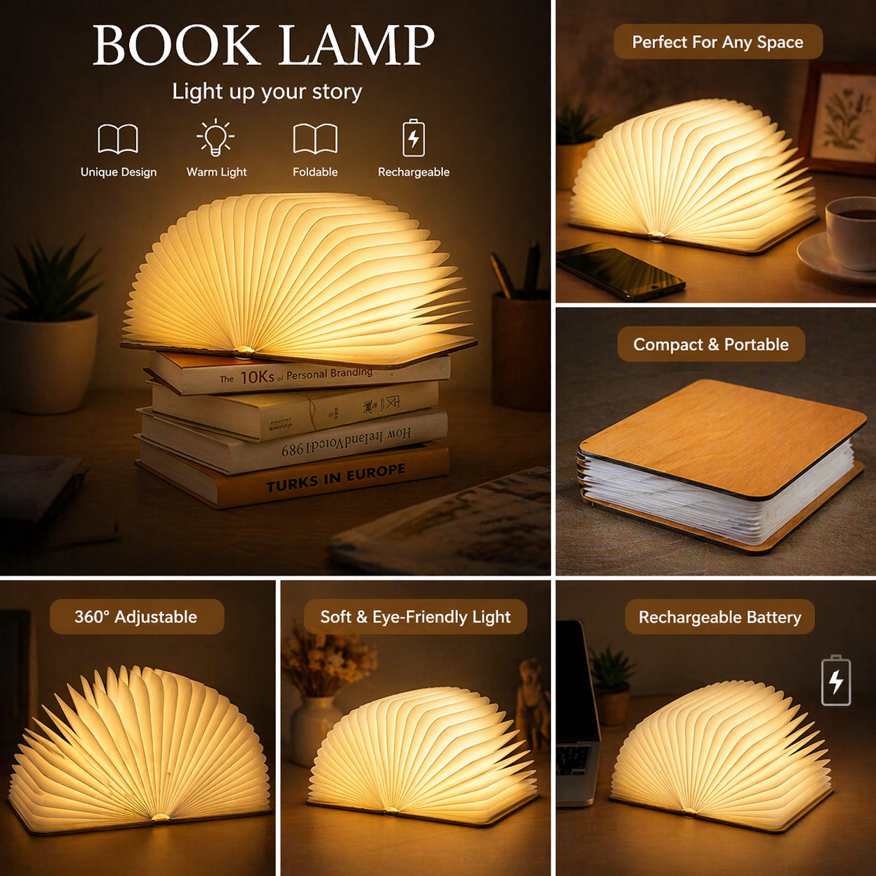 Elegant Foldable Book Lamp – Rechargeable LED Wooden Light