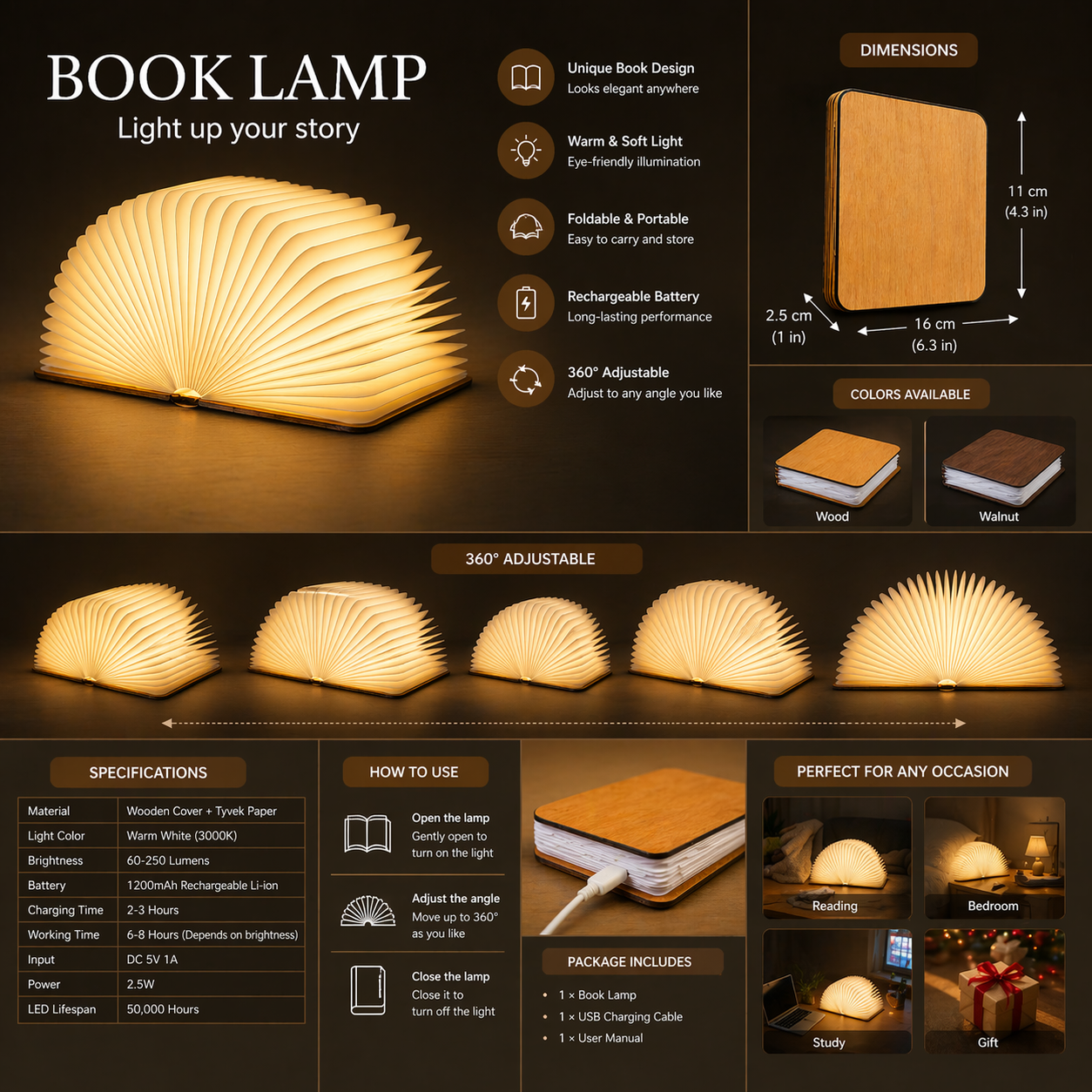 Elegant Foldable Book Lamp – Rechargeable LED Wooden Light